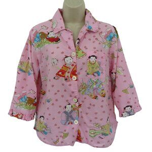 Nick & Nora Women Small Geisha Pink Floral Button Front Pajama Shirt Top Blouse